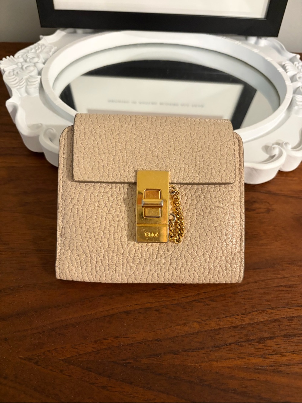 Beige Leather Small Shoulder Bag with Gold Hardware